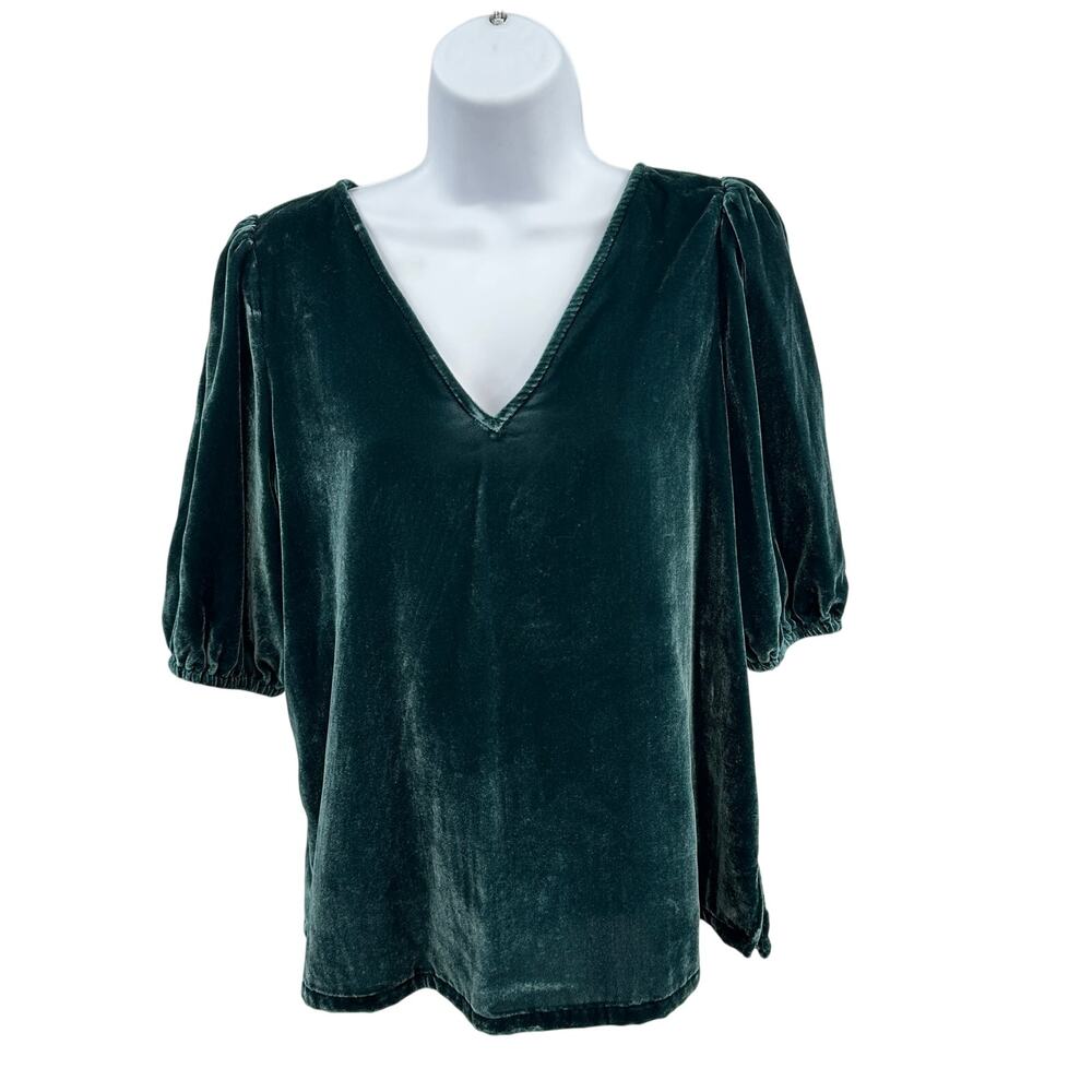 Loft Velvet Blouse Womens S Royal Teal V-Neck Short Sleeve S/549084 Elastic Cuff